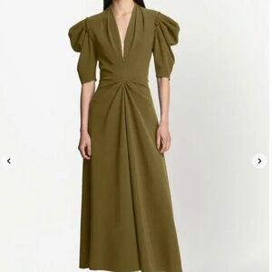 PROENZA SCHOULER  Puff-Sleeves Draped Dark Green V-Neck Midi Dress Size 0